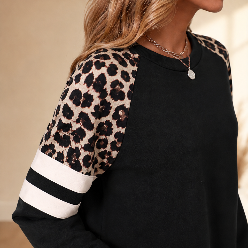 Svenja Damen Colorblock-Sweatshirt mit Rundhals und Leopardenärmeln