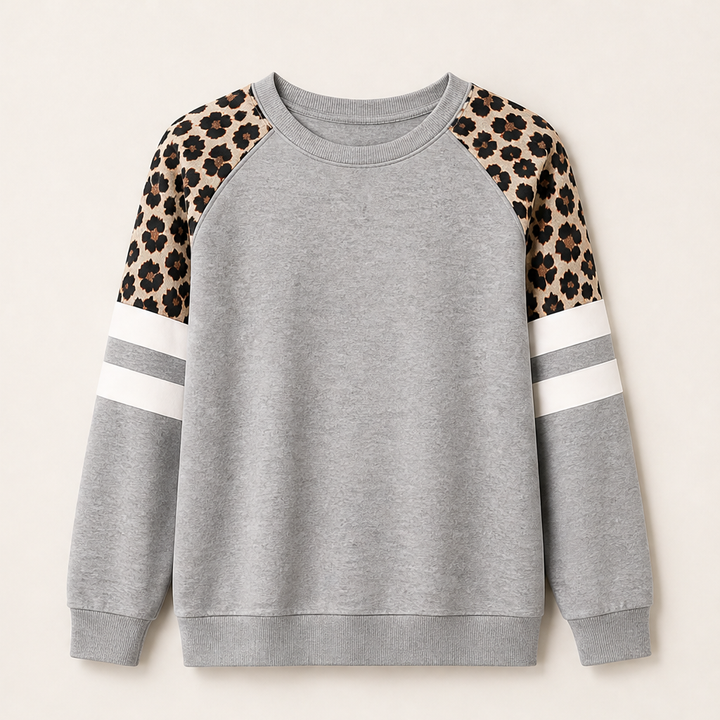 Svenja Damen Colorblock-Sweatshirt mit Rundhals und Leopardenärmeln – Grau