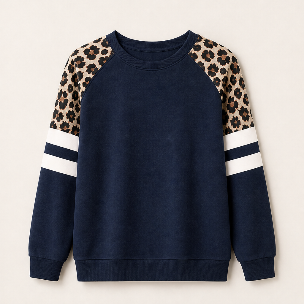 Svenja Damen Colorblock-Sweatshirt mit Rundhals und Leopardenärmeln – Marineblau