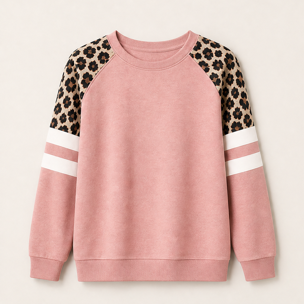 Svenja Damen Colorblock-Sweatshirt mit Rundhals und Leopardenärmeln – Rosa
