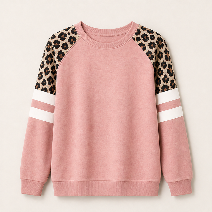 Svenja Damen Colorblock-Sweatshirt mit Rundhals und Leopardenärmeln – Rosa