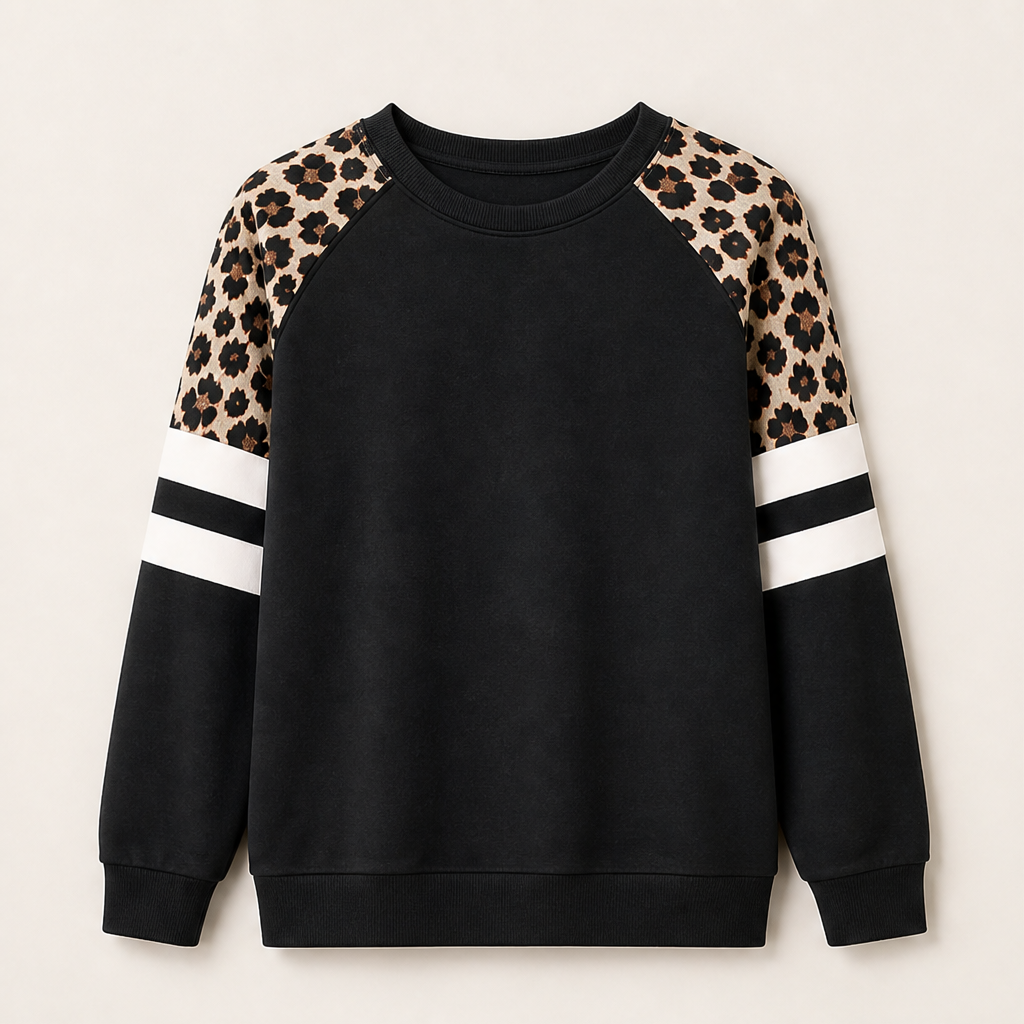 Svenja Damen Colorblock-Sweatshirt mit Rundhals und Leopardenärmeln – Schwarz