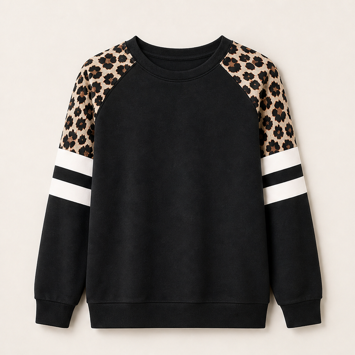 Svenja Damen Colorblock-Sweatshirt mit Rundhals und Leopardenärmeln – Schwarz
