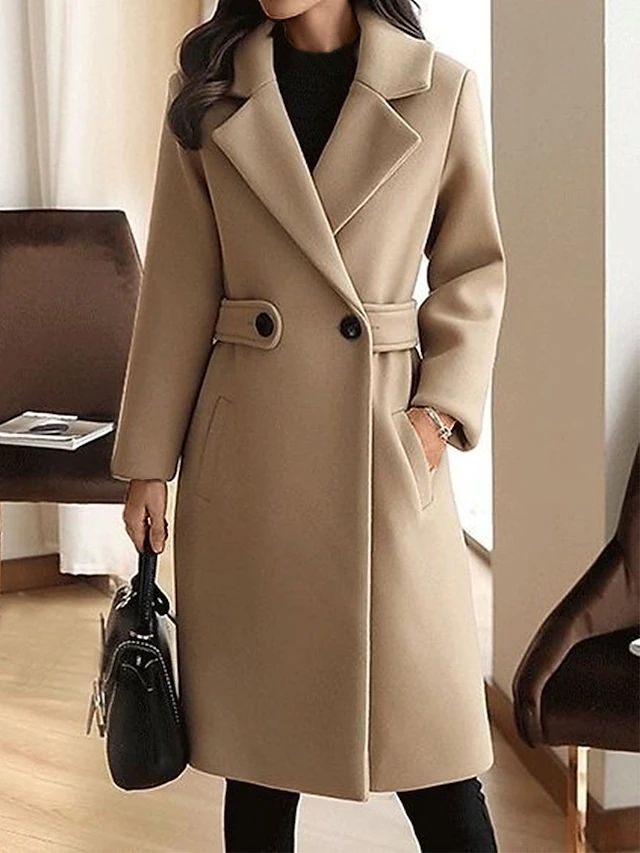 Thea Damen langer Mantel mit Reverskragen und schmaler Silhouette – Beige