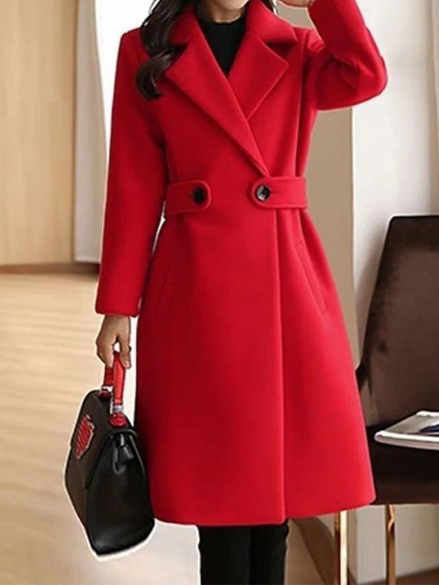 Thea Damen langer Mantel mit Reverskragen und schmaler Silhouette – Rot