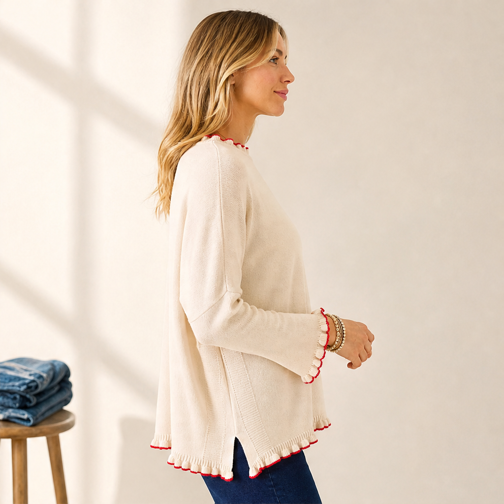 Thea Damen Oversize-Strickpullover mit Kontrastrüschen und Seitenschlitzen