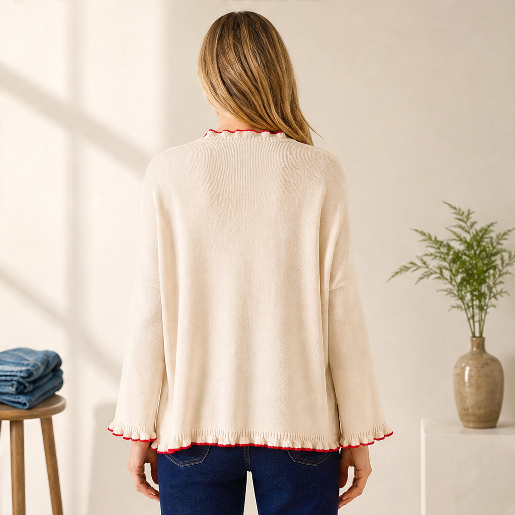 Thea Damen Oversize-Strickpullover mit Kontrastrüschen und Seitenschlitzen