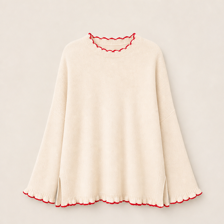 Thea Damen Oversize-Strickpullover mit Kontrastrüschen und Seitenschlitzen – Beige