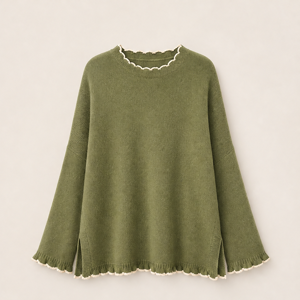 Thea Damen Oversize-Strickpullover mit Kontrastrüschen und Seitenschlitzen – Grün