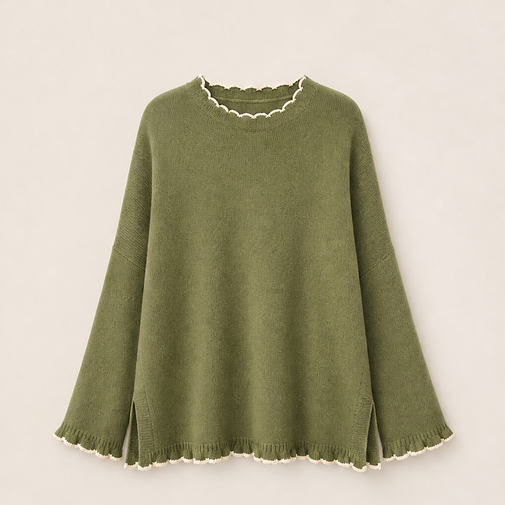 Thea Damen Oversize-Strickpullover mit Kontrastrüschen und Seitenschlitzen – Grün
