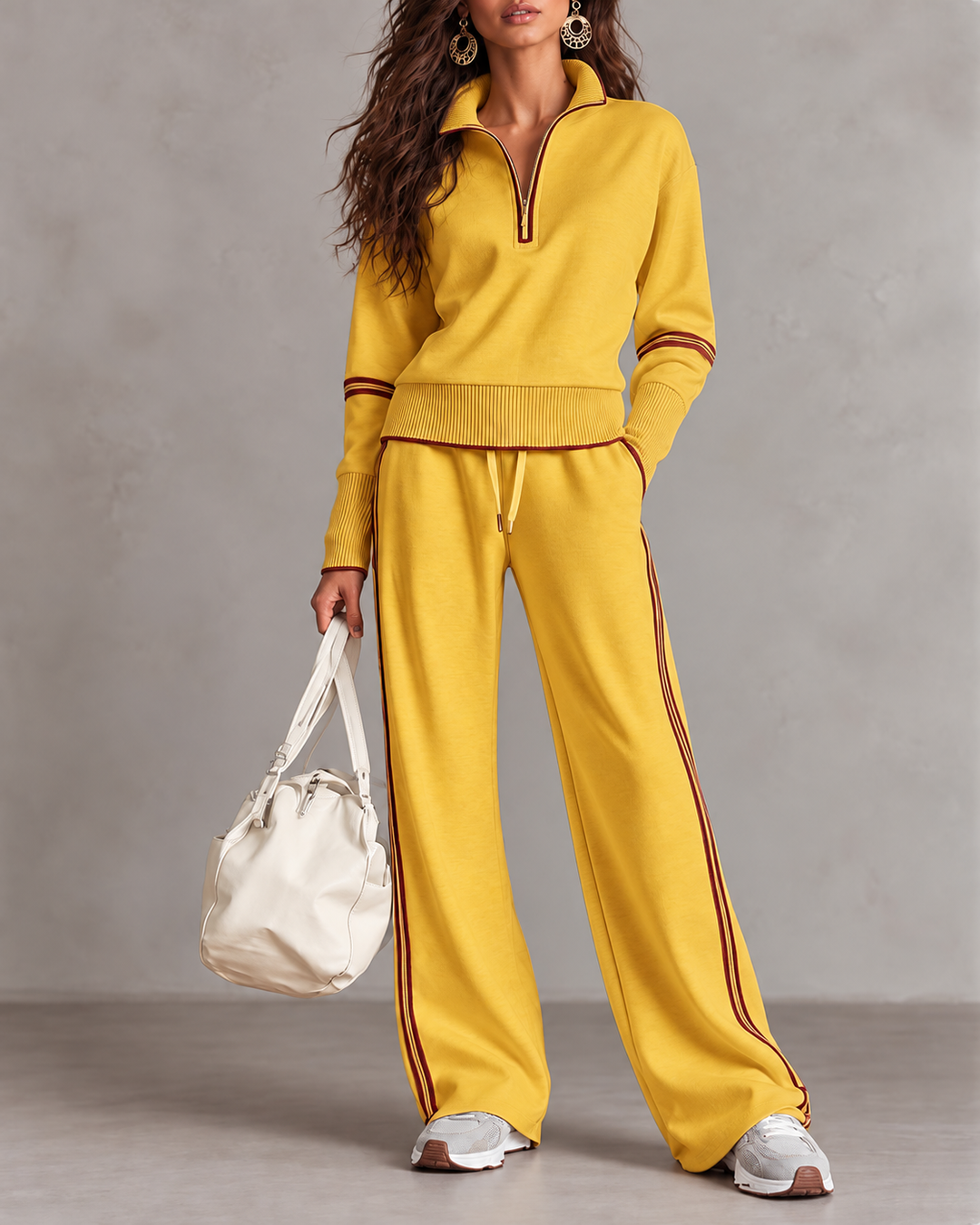 Thea Damen Colorblock Zweiteiler mit Rollkragen und Weiter Hose – Gelb