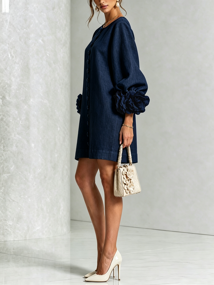 Theda Damen Minikleid mit Knopfleiste und Blütenmanschetten Marineblau