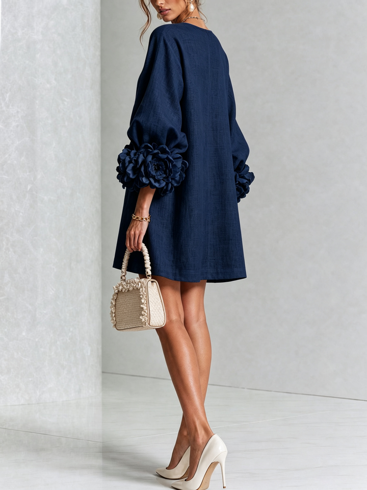 Theda Damen Minikleid mit Knopfleiste und Blütenmanschetten Marineblau