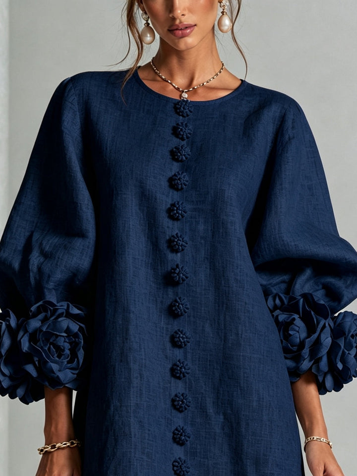 Theda Damen Minikleid mit Knopfleiste und Blütenmanschetten Marineblau