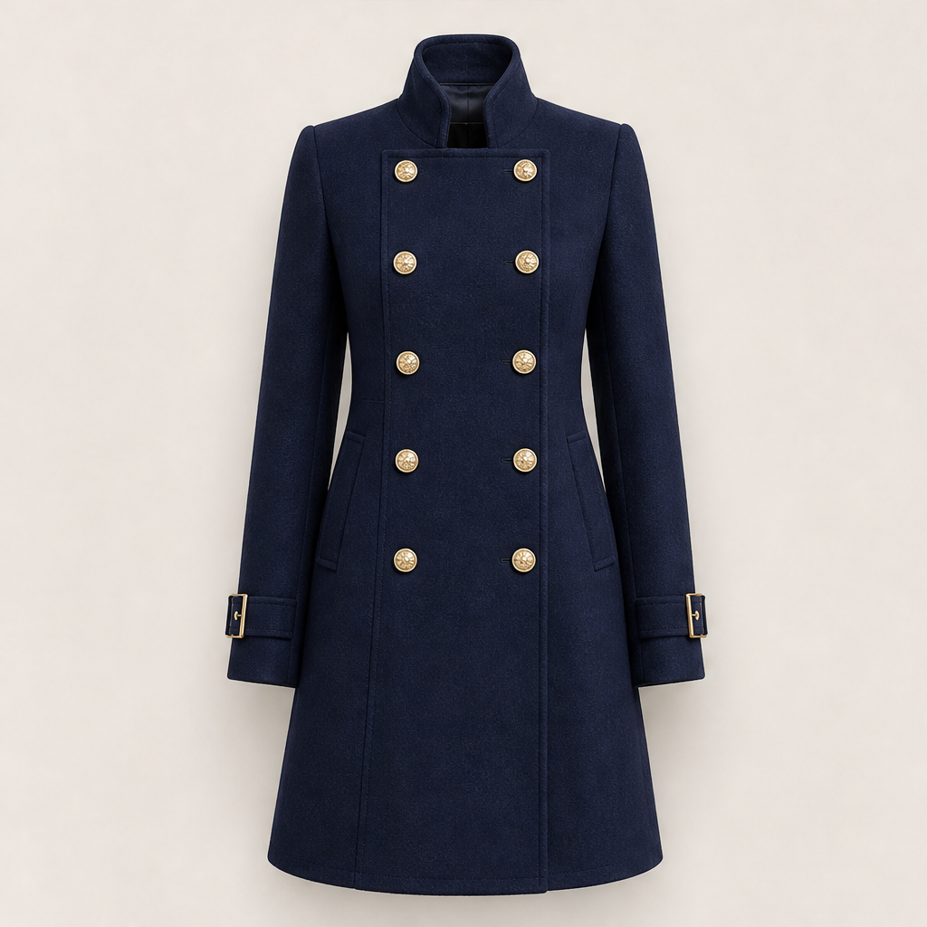 Thilde Damen Mantel mit Stehkragen und doppelreihiger Knopfleiste im Military-Stil – Marineblau