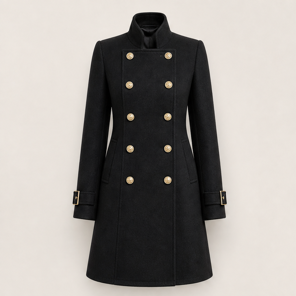 Thilde Damen Mantel mit Stehkragen und doppelreihiger Knopfleiste im Military-Stil – Schwarz