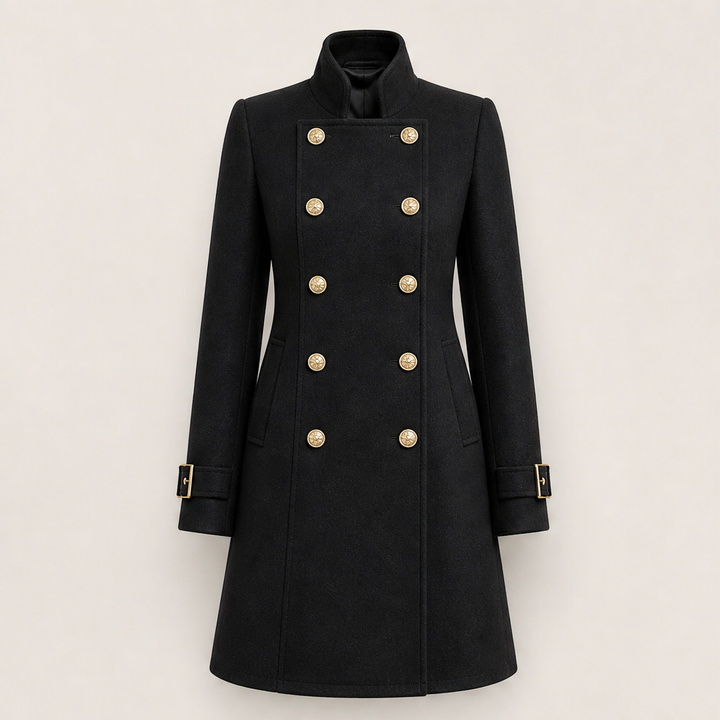 Thilde Damen Mantel mit Stehkragen und doppelreihiger Knopfleiste im Military-Stil – Schwarz