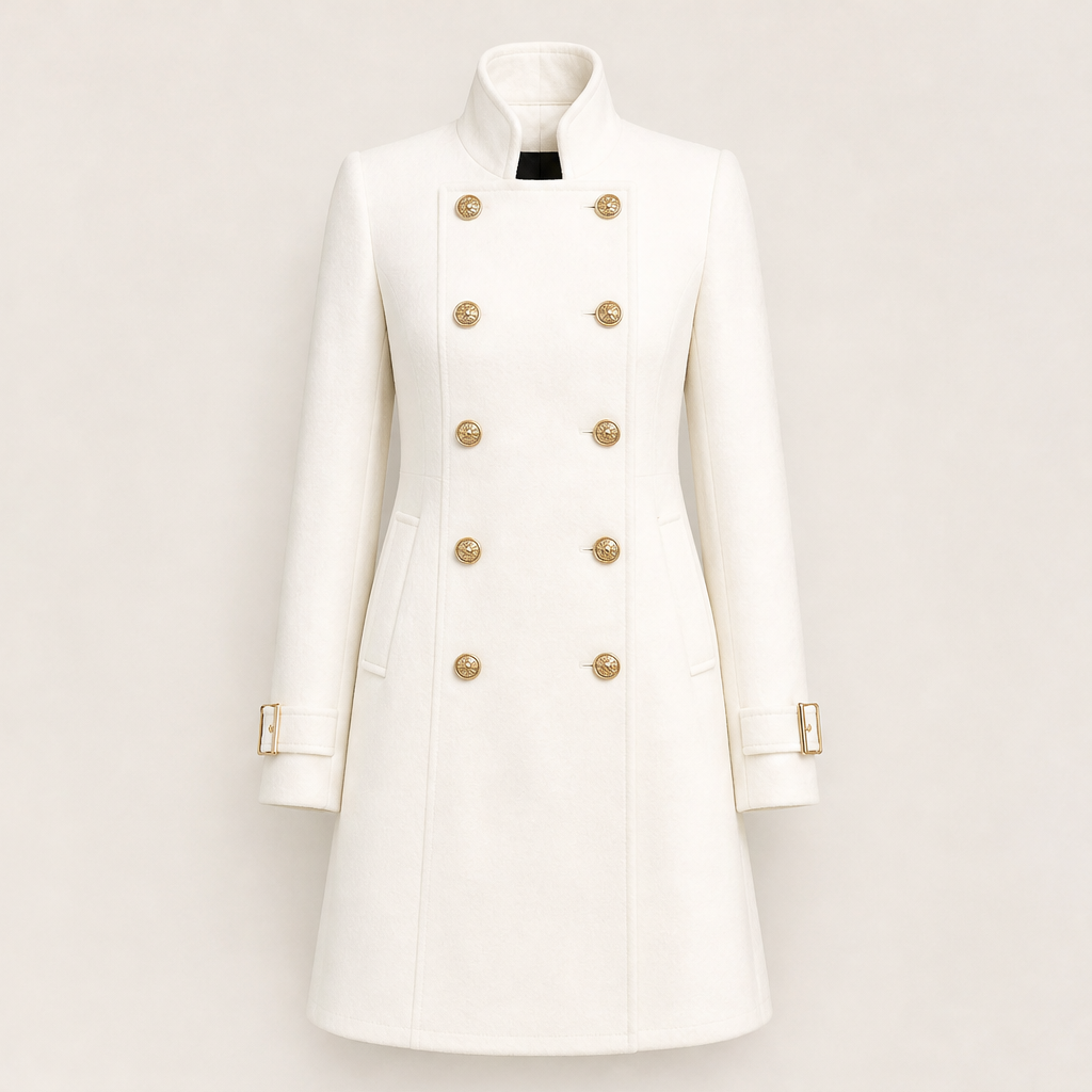 Thilde Damen Mantel mit Stehkragen und doppelreihiger Knopfleiste im Military-Stil – Weiß