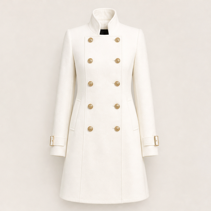 Thilde Damen Mantel mit Stehkragen und doppelreihiger Knopfleiste im Military-Stil – Weiß