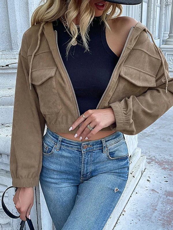 Thora | Damen Kurzjacke mit Kapuze, Reißverschluss und Klappentaschen