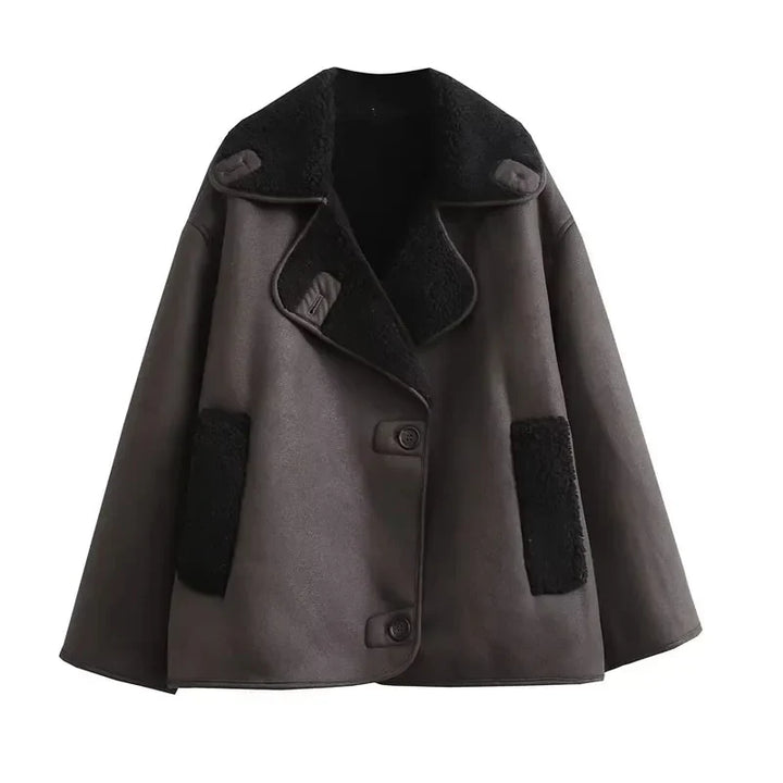 Tilda Damen Jacke in Cape-Optik aus Kunstleder mit breiten Revers