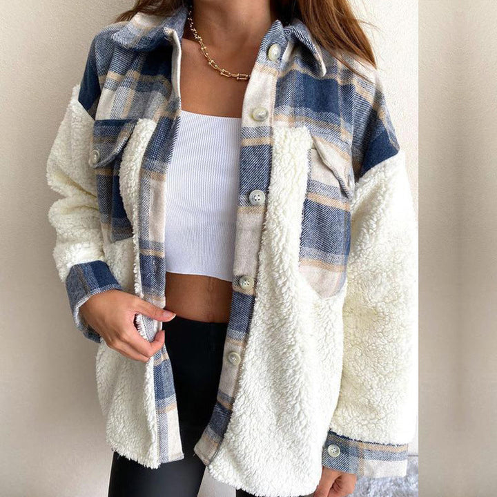 Tilda Damen Plüsch-Hemdjacke mit Patchwork-Einsätzen und Brusttaschen – Blau