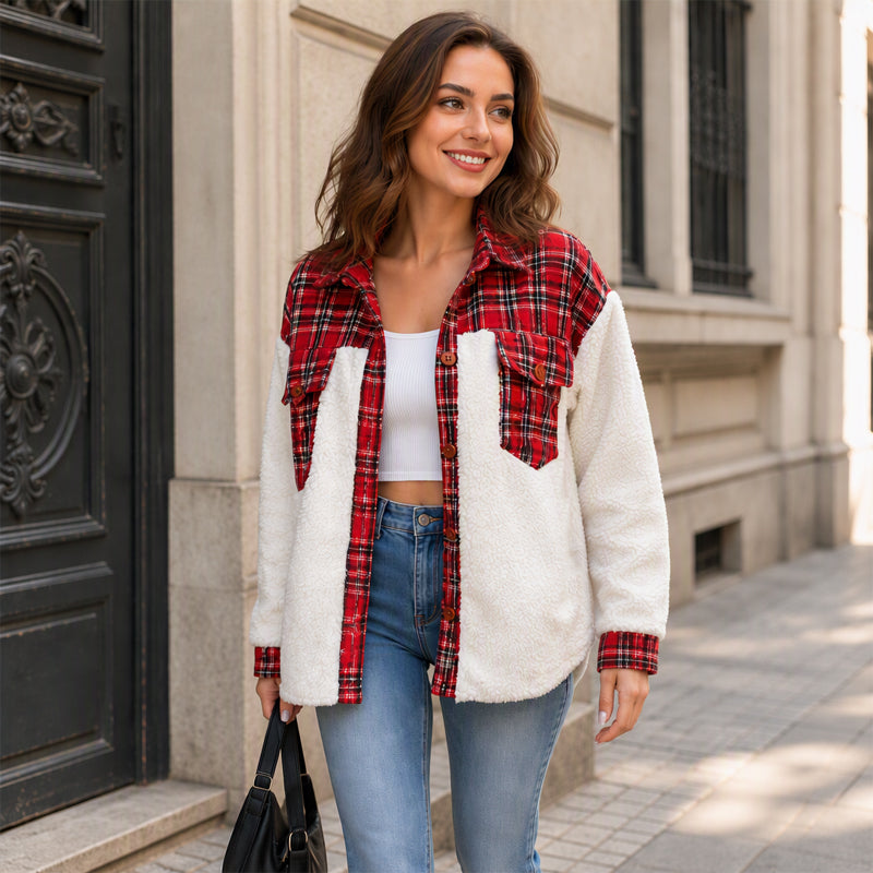 Tilda Damen Plüsch-Hemdjacke mit Patchwork-Einsätzen und Brusttaschen – Rot