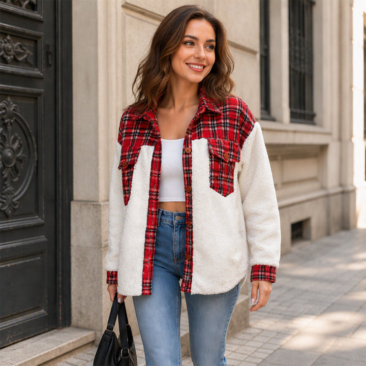 Tilda Damen Plüsch-Hemdjacke mit Patchwork-Einsätzen und Brusttaschen – Rot