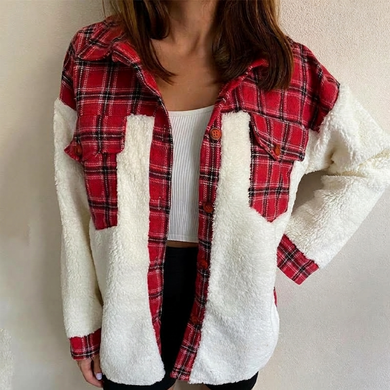 Tilda Damen Plüsch-Hemdjacke mit Patchwork-Einsätzen und Brusttaschen
