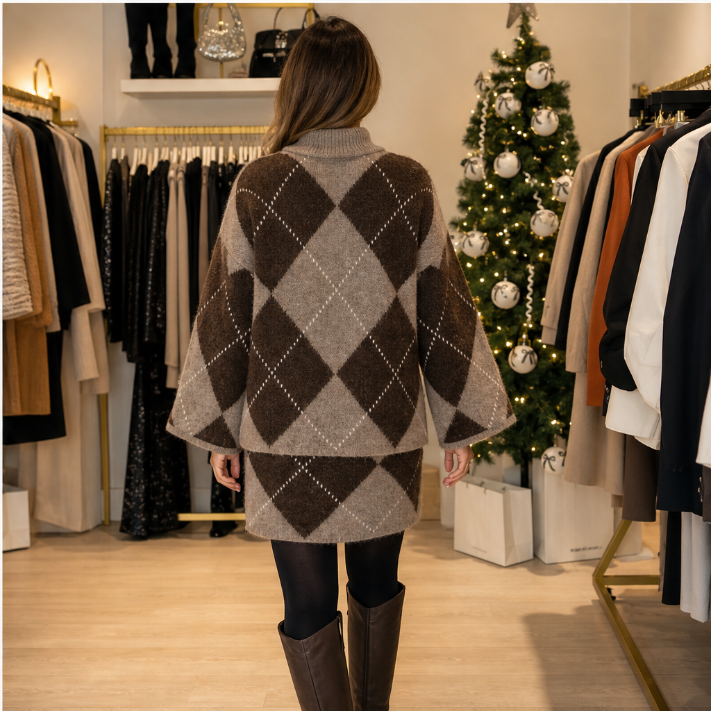 Tilda Damen Zweiteiler aus Rollkragenpullover und Strickrock mit Rautenmuster