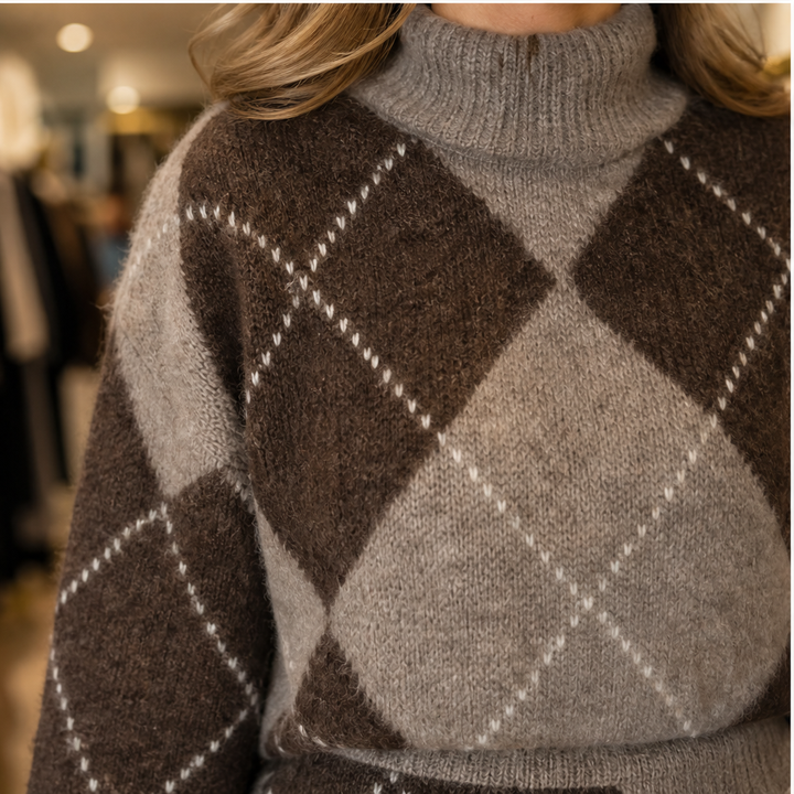Tilda Damen Zweiteiler aus Rollkragenpullover und Strickrock mit Rautenmuster