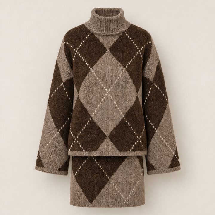 Tilda Damen Zweiteiler aus Rollkragenpullover und Strickrock mit Rautenmuster in Braun