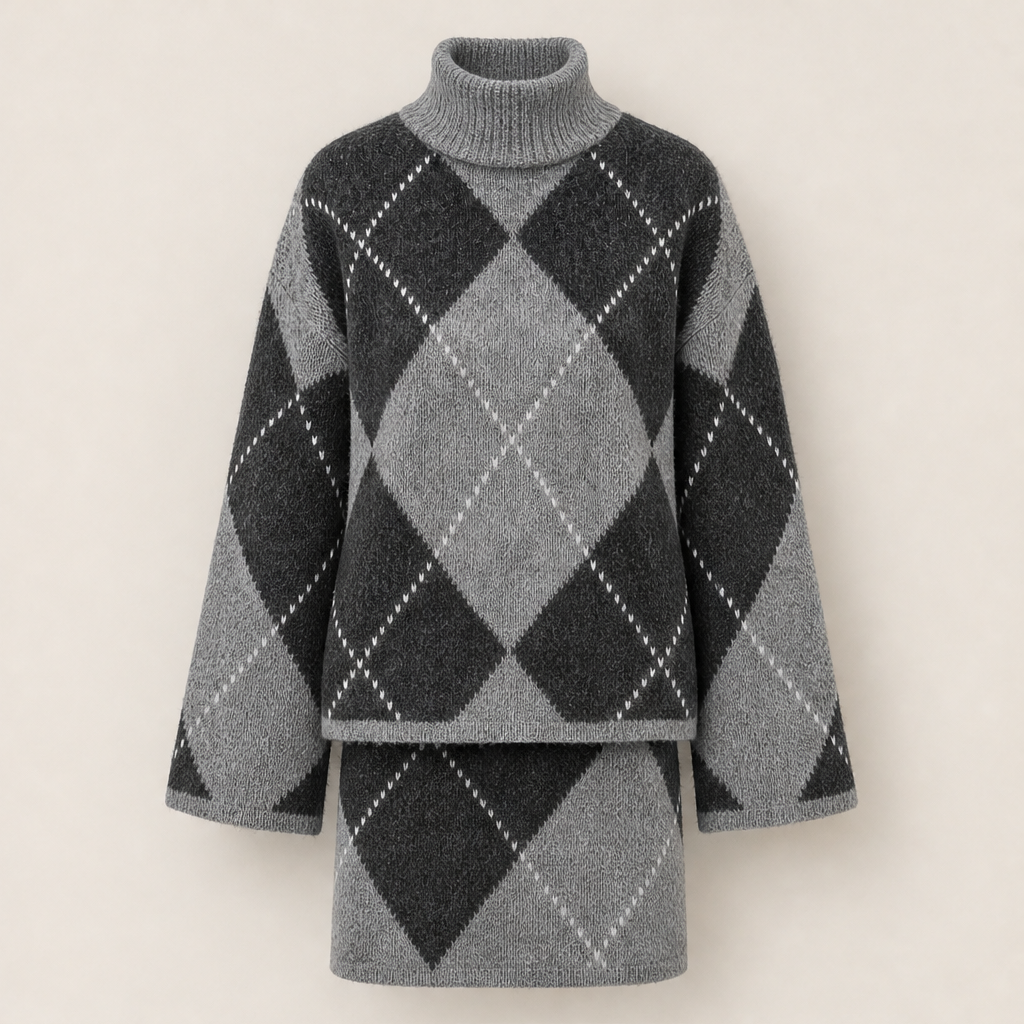 Tilda Damen Zweiteiler aus Rollkragenpullover und Strickrock mit Rautenmuster in Grau