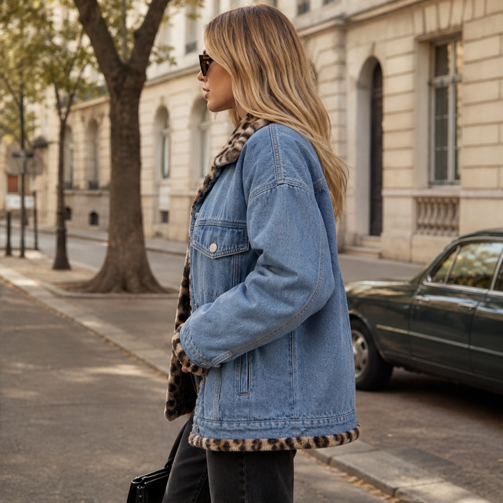 Tjarda Damen Oversize-Wendejacke mit Reverskragen und Leopardenmuster innen