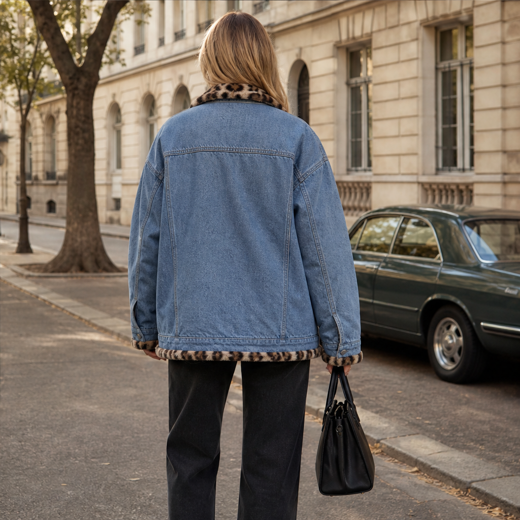 Tjarda Damen Oversize-Wendejacke mit Reverskragen und Leopardenmuster innen