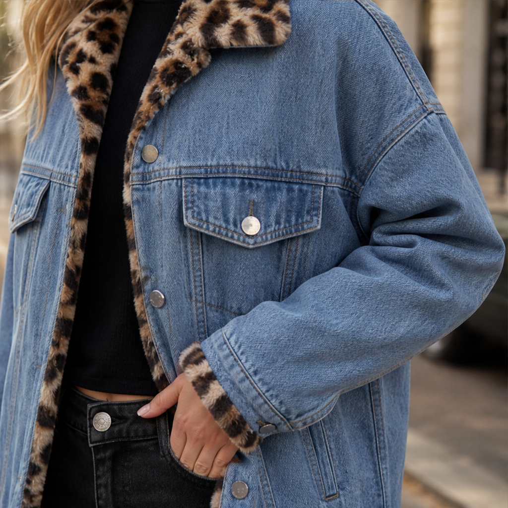 Tjarda Damen Oversize-Wendejacke mit Reverskragen und Leopardenmuster innen