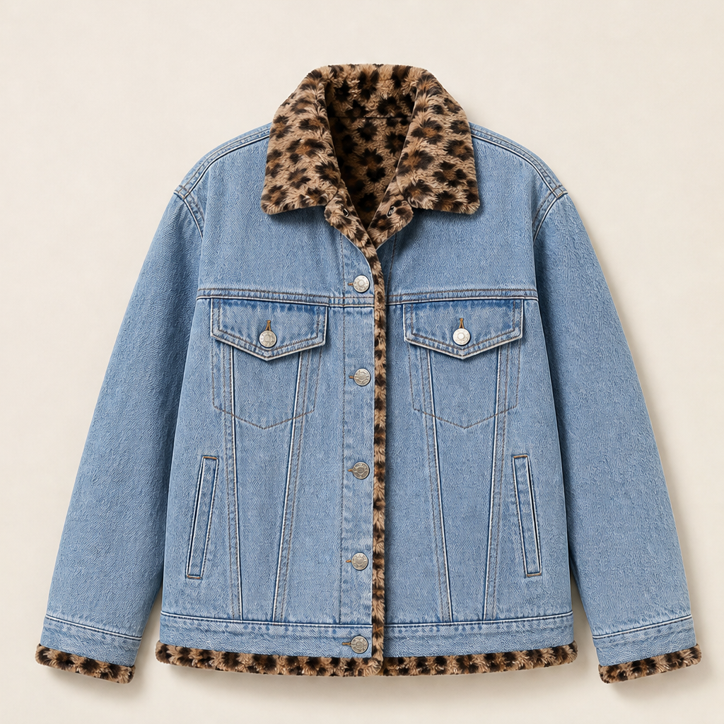 Tjarda Damen Oversize-Wendejacke mit Reverskragen und Leopardenmuster innen – Hellblau