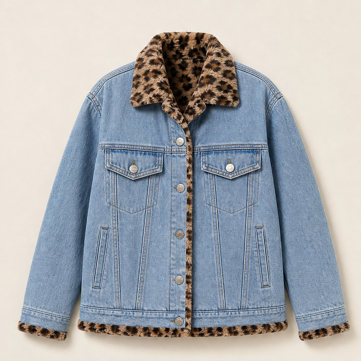 Tjarda Damen Oversize-Wendejacke mit Reverskragen und Leopardenmuster innen – Hellblau
