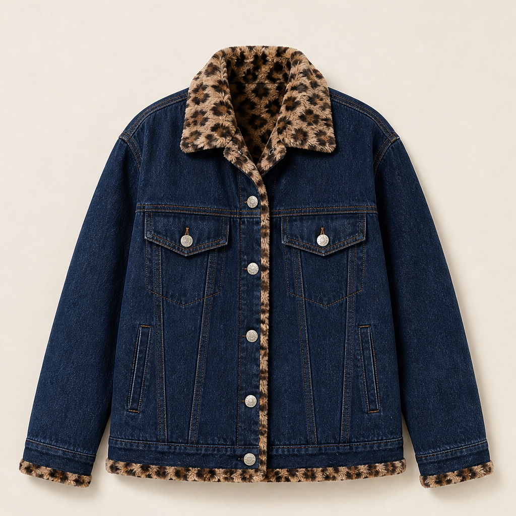 Tjarda Damen Oversize-Wendejacke mit Reverskragen und Leopardenmuster innen – Marineblau