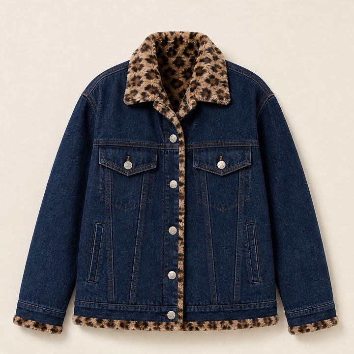 Tjarda Damen Oversize-Wendejacke mit Reverskragen und Leopardenmuster innen – Marineblau