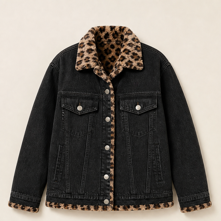 Tjarda Damen Oversize-Wendejacke mit Reverskragen und Leopardenmuster innen – Schwarz
