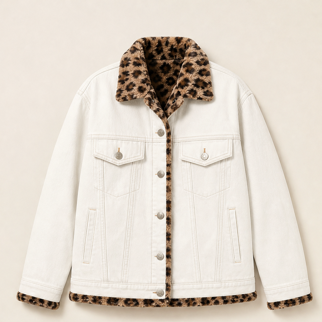 Tjarda Damen Oversize-Wendejacke mit Reverskragen und Leopardenmuster innen – Weiß