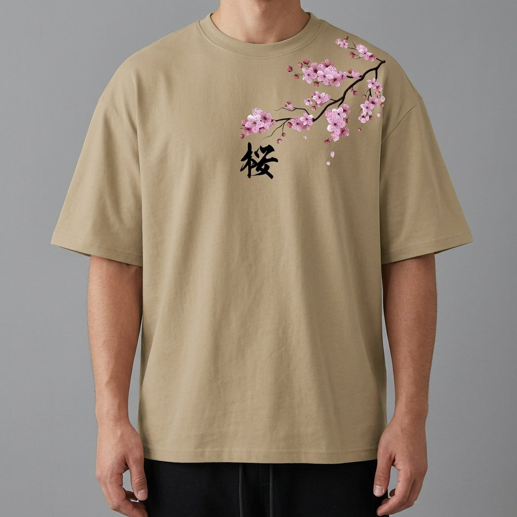 Torben Herren T-Shirt mit Kirschblütenprint und Rundhalsausschnitt – Khaki