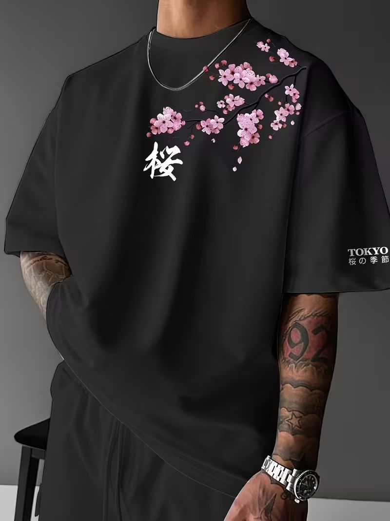 Torben Herren T-Shirt mit Kirschblütenprint und Rundhalsausschnitt – Schwarz