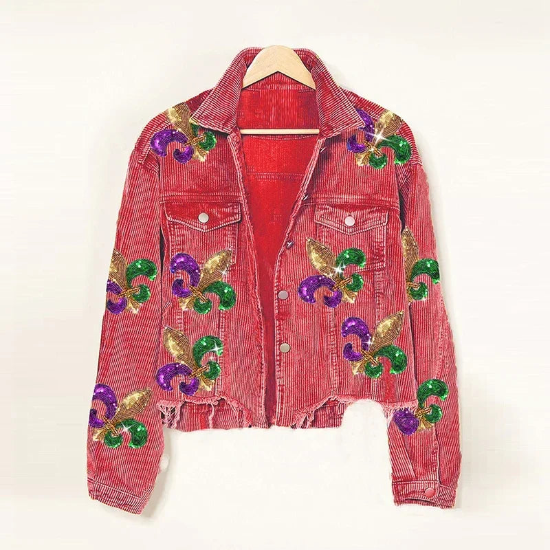 Übergangsjacke Damen mit Cordstruktur und Paillettenverzierung