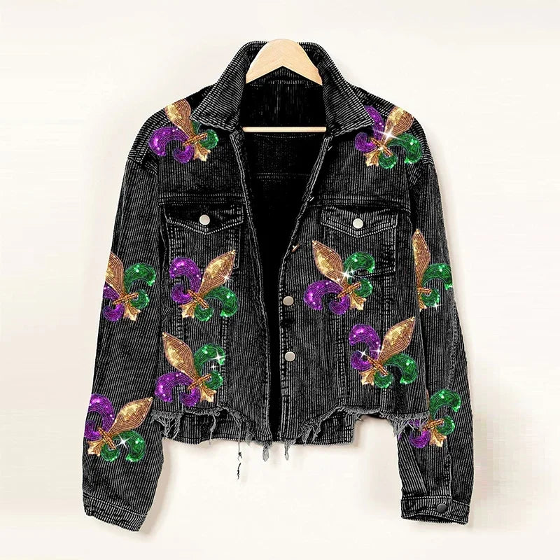 Übergangsjacke Damen mit Cordstruktur und Paillettenverzierung