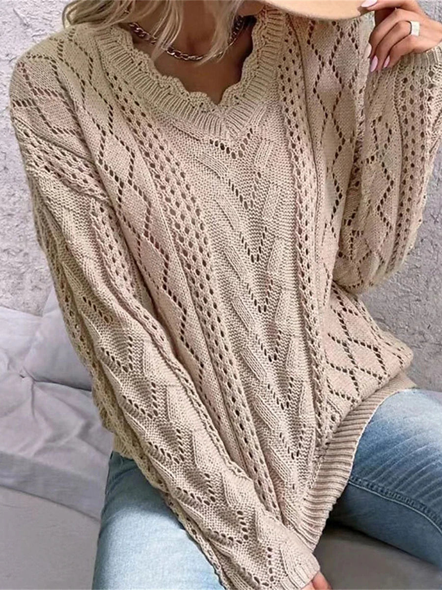Valea | Damen Strickpullover mit V-Ausschnitt und Zopfstrick