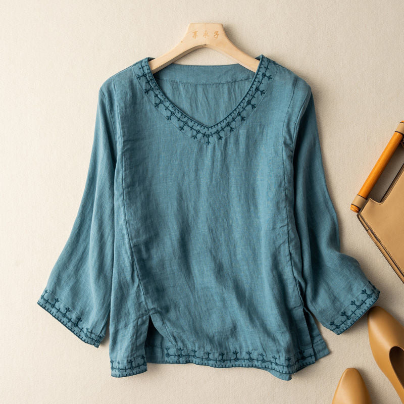 Vera | Damen Bestickte 3/4-Arm Leinenbluse
