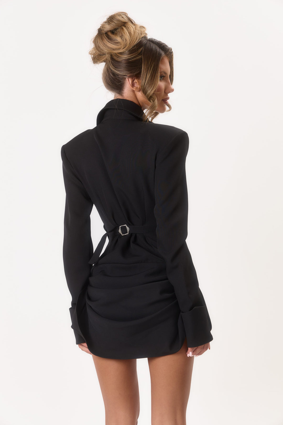 Vivien Damen tailliertes Mini-Hemdblusenkleid mit Schulterpolstern und Raffung