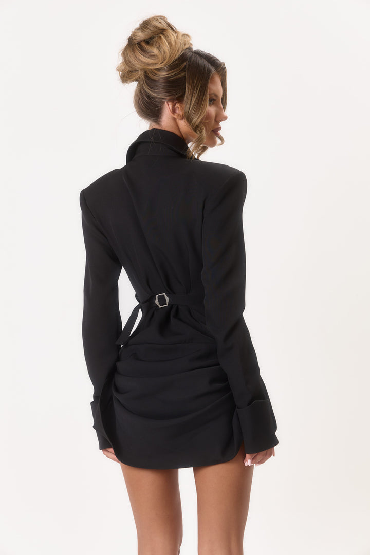 Vivien Damen tailliertes Mini-Hemdblusenkleid mit Schulterpolstern und Raffung